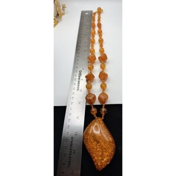 Chunky Ambar Lucite Necklace & Bracelet Large Glitter Set ArtDeco Styel 3 Tones - Picture 7 of 11